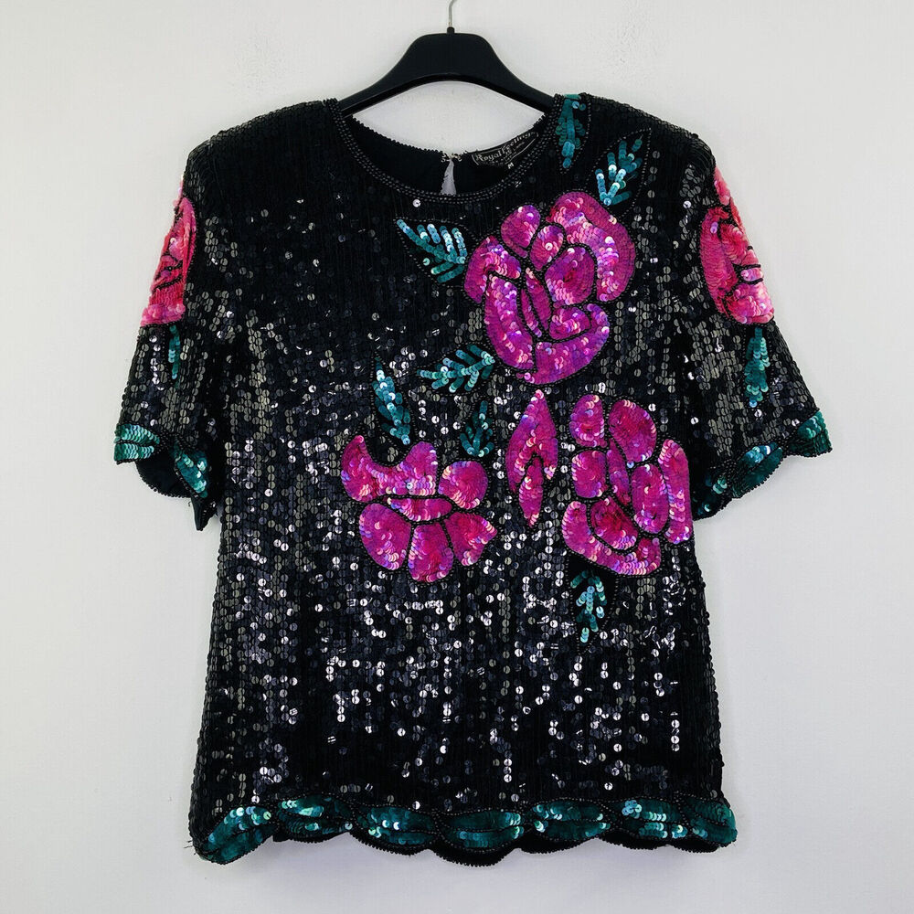 Royal Feelings Women Medium Shirt Black Floral Sequin Beaded Embellished 80s VTG